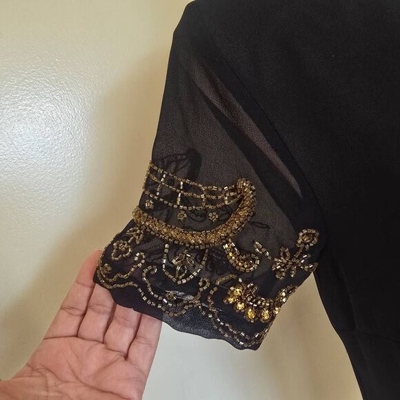 Guess Blk Sheer Gold Bead Trimmed Blouse, NWOT, XS, Possible Sample not produced - Picture 2 of 9